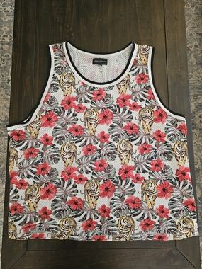 No Boundaries Men’s Tropical Tiger Print Tank Top - White/Red